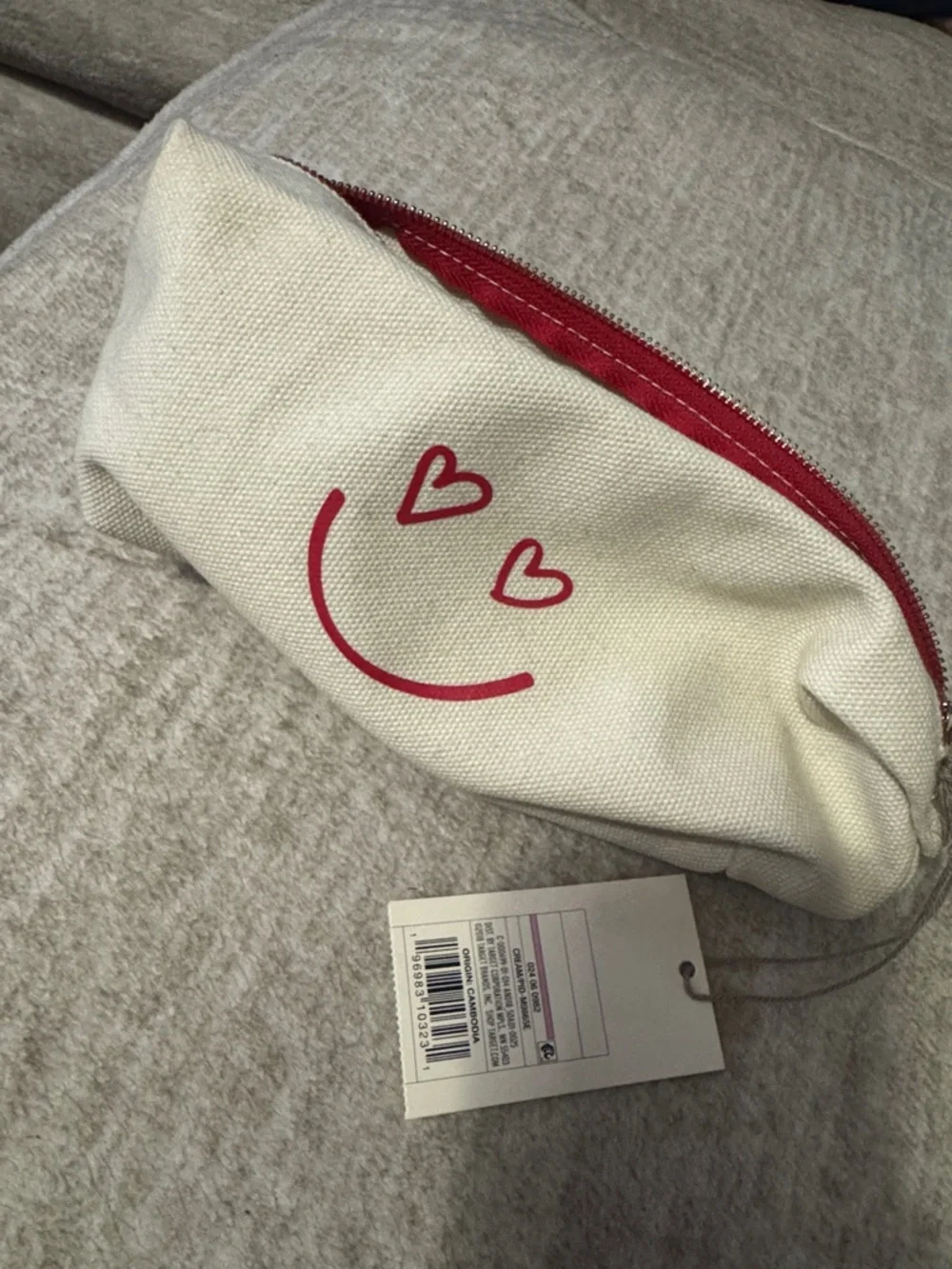 Canvas Heart-Eyes Cosmetic Pouch in Ivory and Red